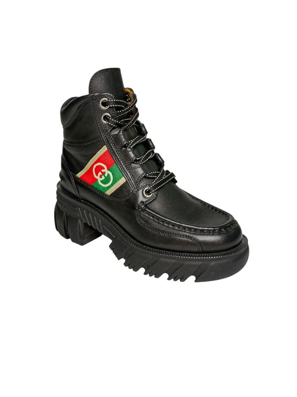Gucci Quebec Romance Logo Web Combat Boots EU 35 US 5.5-6 Black Leather Lug Sole